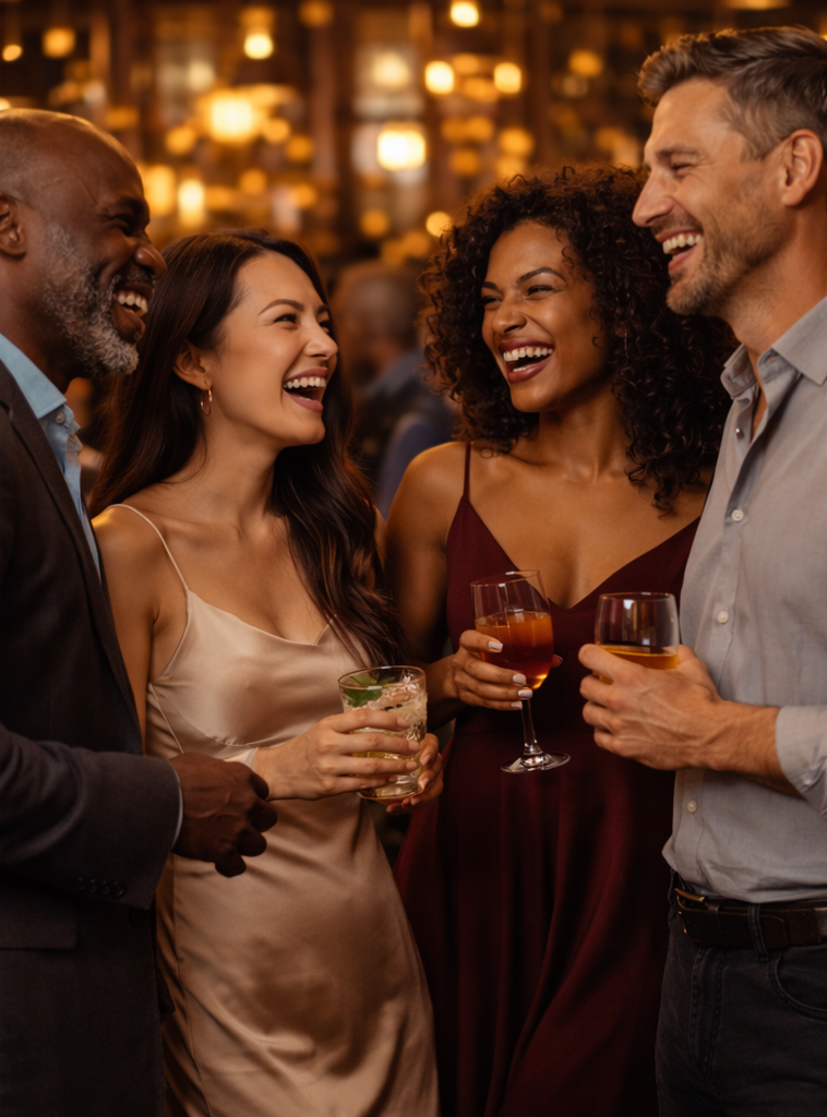 Diverse group of people laughing and flirting at an upscale mixer